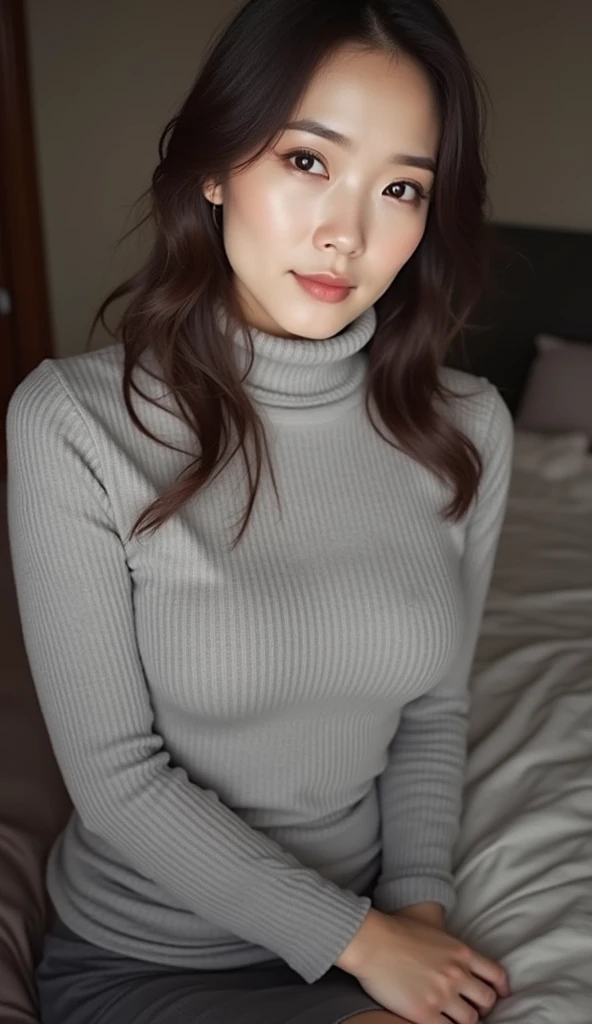 Beautiful Japan Woman、Colossal tits、Turtleneck sweater、Masterpiece Top Quality High Resolution , ((((Toilet room))))、Long bangs、(((Surprised)))、((Long hair in a messy bun:1.1))、piercings、((Delicate Photos))，(Detailed RAW photos of girls), (masutepiece:1.25), (Best Quality:1.6), (超A high resolution:1.5), (Photorealistic:1.75), 8K resolution, Canon EOS R5, 50 millimeters, absurderes, ultra-detailliert,Cinematic lighting、 pants and skirt at your feet:1.25、siting on a toilet、The lower part of the body is 、a 、