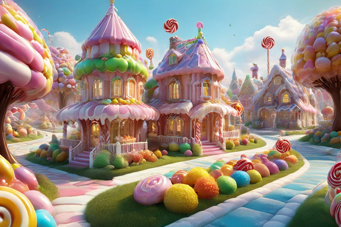 Very advanced and high-tech Candyland with candy houses, candy intricate towers and candy trees, candy transport and candy people, technically sophisticated candy country, bright candy palette