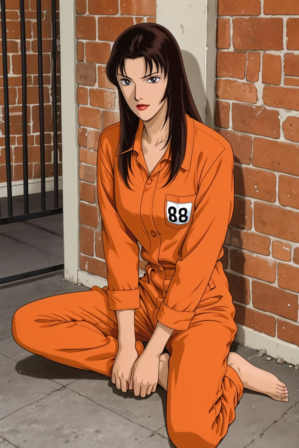 Beautiful woman with a soul of pure evil and hatred. brunette hair pulled back into a ponytail, blue eyed bank robber dressed in a prison orange jumpsuit. She is grabbing the bars of her cell and smiling. A beaten body of her cellmate lies in a corner, blood everywhere. Extreme . Realistic anime style.