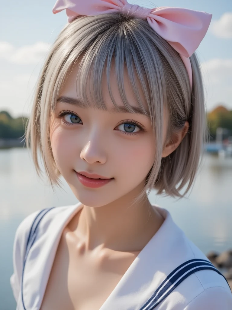 (ultra Realistic), Best Quality, (Selfie photo composition, look at viewer:1.3), On a clear sunny day at 11:00 a.m., a cheerful girl prepares sandwiches for a midday cherry blossom viewing. She wears a flowy dress with a floral pattern, arranging ingredients with care. Her smile radiates excitement for the outing, surrounded by picnic baskets and a bouquet of fresh flowers. /// detailed eyes, The huge and moist blue eyes captivate the viewers, Pixie cut, short hair, watery ash-gray hair styled in a sleek girl, (beautiful huge cute eyes, happy:1.3), well-defined face line and cute, large eyes, accentuating her radiant white skin. disproportionately large breasts and rounded buttocks, exuding a sculptural beauty
