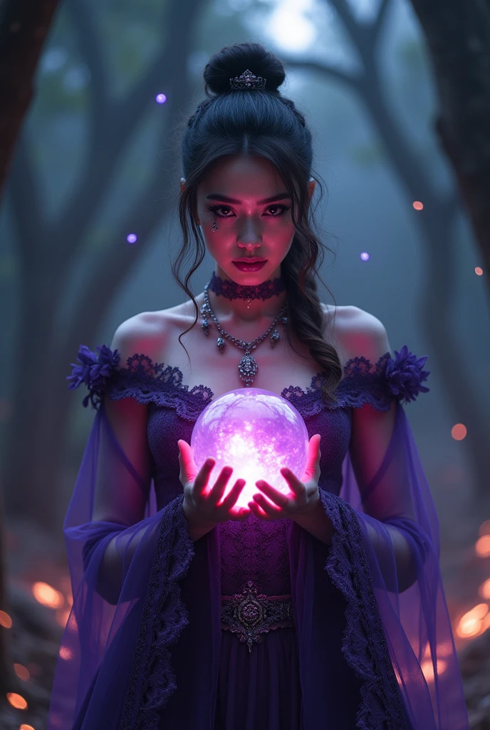 A  sorceress with long, flowing raven hair, standing in an enchanted forest under a sky filled with twinkling stars. She wears a deep purple, form-fitting gown that glimmers with subtle magic. Her eyes glow with a soft, mystical light as she gently holds a glowing crystal orb, casting a soothing spell that sends waves of calming energy through the forest, causing the trees and flowers to softly illuminate. Aim for realistic depiction, make sure photos are at highest resolution (8K)