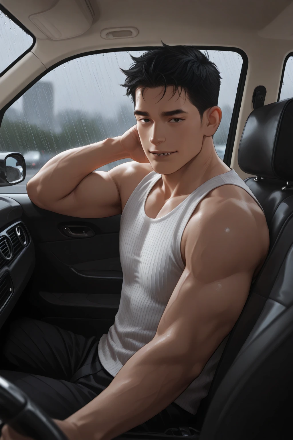 (Create a masterpiece: 1.2),(CGI art:1.3),(realistic:1.5),(After processing:1.3),(Sharp focus:1.3), 1 man holds the steering wheel of a car ,(crew cut short hair:1.8),black eye, smile, (Wear color navy round neck T-shirt with a Police badge: 1.3), Navy blue jeans, Korean guy , korean men, (High gloss details), muscles, large arm muscles, blood vessel, Big muscles, Broad shoulders, looking at the audience, Balancing the eyes, middle of the road, (drive a car: 1.5), (in the car: 1.3), , middle of the road, (open mouth:1.2)