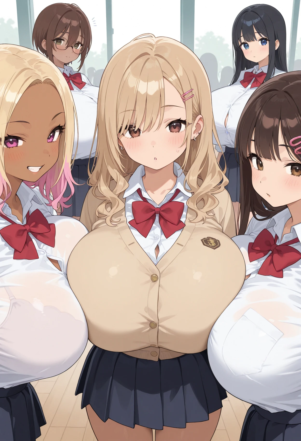 A girl with ???????????? and a boy are giving the boy a ??????? in a school classroom while rubbing each other's ??????? in their ?????????