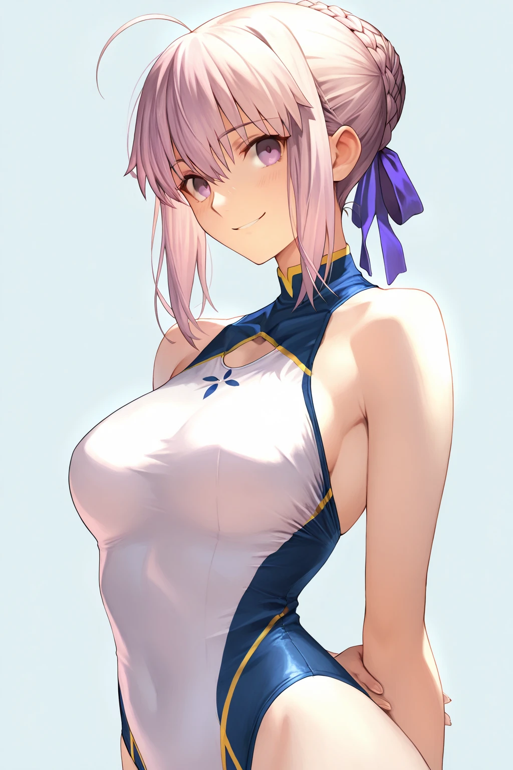 1 girl in, purple color  hair、Purplish pink eyes that dreamers desire, (Blonde hair) , small stature, Colossal tits, Lori, (masutepiece:1.2, Best Quality), (finely detailed beautiful eye: 1.2), (beautifull detailed face), (Best Illumination, extremely delicate and beautiful), ((Cinematic Light)), Dramatic light, (Pale white background:1.5), Short bob hair（1:3）、Ultra Contrast、Braid a little around the ears, clavicle, White long dress、only has 5 fingers、、Her  is visible through the white 、Wet pants、You can see inside your 、full of sweat、mocking look、、nffsw,Arms crossed、grab the arm、Shoot from above、The angle is as seen from below.、Best Quality、Large breastuscular 、Pubic hair,high-level image quality、hightquality、8K,perfect hand、5 fingers、finger pin、Perfect Finger、T back、、noise cut、bullet hand、Her hair color should have been a brighter purple.The skirt part is also carefully expressed..、Purple skirt、the skirt is floating in the wind、Dark purple 、Pubic hair majority,A scene of make cooking Carbonara Pasta  in the kitchen