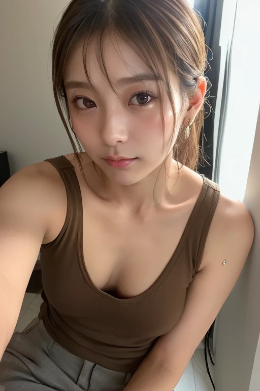 (8K, Raw photography, best quality, masterpiece, realisitic, photo-realsitic:1.5), clear, professional lighting, ultra high res,ultra detailed, a japanese married woman, 30-years-old, Balanced build, Curvy Body, (tiny Height:1.5), (Blunt Bangs:1.3), medium log hair, Brown hair, average breast, (round face:1.5), beautifull detailed face, (no-makeup look:1.5), Beautiful detailed skin, Skin Texture, captures (selfie:1.8) with a shy smile, (embarrassed, blush:1.2), in kitchen, she wears darkgray T-shirt.