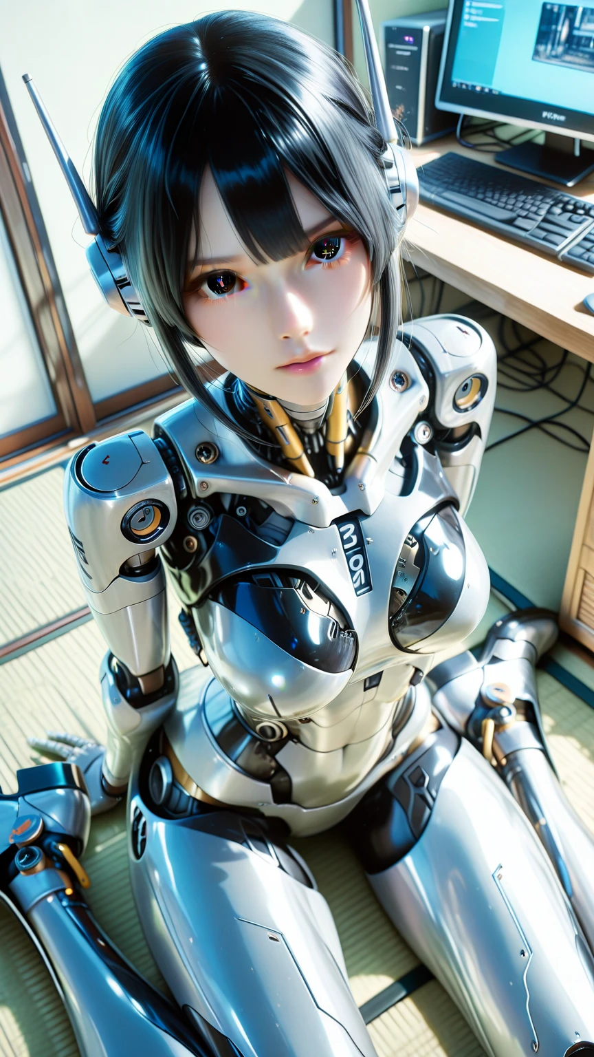top-quality、​masterpiece、超A high resolution、(Photorealsitic:1.4)、((a beauty girl:1.6)), 1 full-body cyborg girl、sixteen years old、NOhumans、((The skin part is only the face)), Luminous Eyes、((Lots of split metal chest protectors)), Metal Robot、((The whole body is the body of a combat robot))、((Body parts are robot parts:1.8))、((The internal mechanisms of the chest are )), ((Mechanical chest armor with LED indicators and meters)), Robot arms and legs、(( metal skeleton of the abdomen))、Metal skeleton of the cervical region、Under repair、destroyed body、Metal Mechanical 、Full Body Metal Skin、Metal 、Metal scales covering the whole body、body made of metal、Whole body metal、a beauty girl、prosthetic hand、artificial leg、Full body cyborg、 metal skeleton、Asian Beauty、cyberpunked、steampunc、Inside the futuristic space battleship、laboratory、Complex 3d rendering beautiful porcelain profile ultra detailed female type android face、dark brown  hair、glowy skin、((super realistic details))、portlate、globalillumination、Shadow、octan render、metals、Details of complex ornaments、Japan details、highly intricate detail、Realistic light、CGSoation Trends、a purple eye、radiant eyes、Facing the camera、neon details、Mechanical limbs、blood vessels connected to tubes、Mechanical vertebrae attached to the back、mechanical cervical attaching to neck、sitting on、Wires and cables connecting to the head、Gundam、Small LED lamp、​masterpiece、 Metal Robot、body made of metal、Whole body metal、prosthetic hand、artificial leg、Full body cyborg、 metal skeleton、Asian Beauty、cyberpunked、steampunc、Futuristic cities、laboratory、Complex 3d rendering beautiful porcelain profile super detailed female android face、cyborgs、roboticparts、150mm、beautiful studio soft light、Rim Lights、vibrant detail、luxuriouscyberpunk、Ren Hao、surrealistic、Anatomical、face muscles、cable electric wires、microchips、elegent、beatiful backgrounds、octan render、HR Giger Style、8K、top-quality、​masterpiece、illustratio、extremely delicat