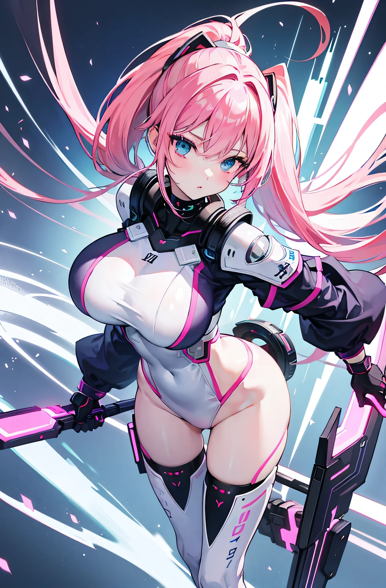 4K,hight resolution,One Woman,White pink hair,poneyTail,Colossal tits,ninjartist,White Cybersuit,Knives,underground city