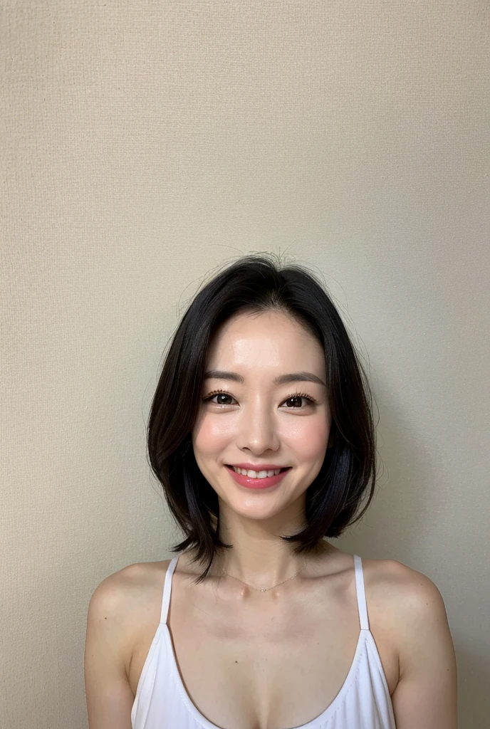 ((Highest quality、8K、masterpiece:1.3))、1 Girl、Thin abdominal muscles、Highly detailed face、Detailed eyes、double eyelid、?????????????、E cup ???????、、40-year-old woman、short hair、Straight Bob Hair、Short hair with bangs、Laughter、Beautiful girl highlighting her nakedness:1.3、lingerie、Upper Body、gray plain background、smile