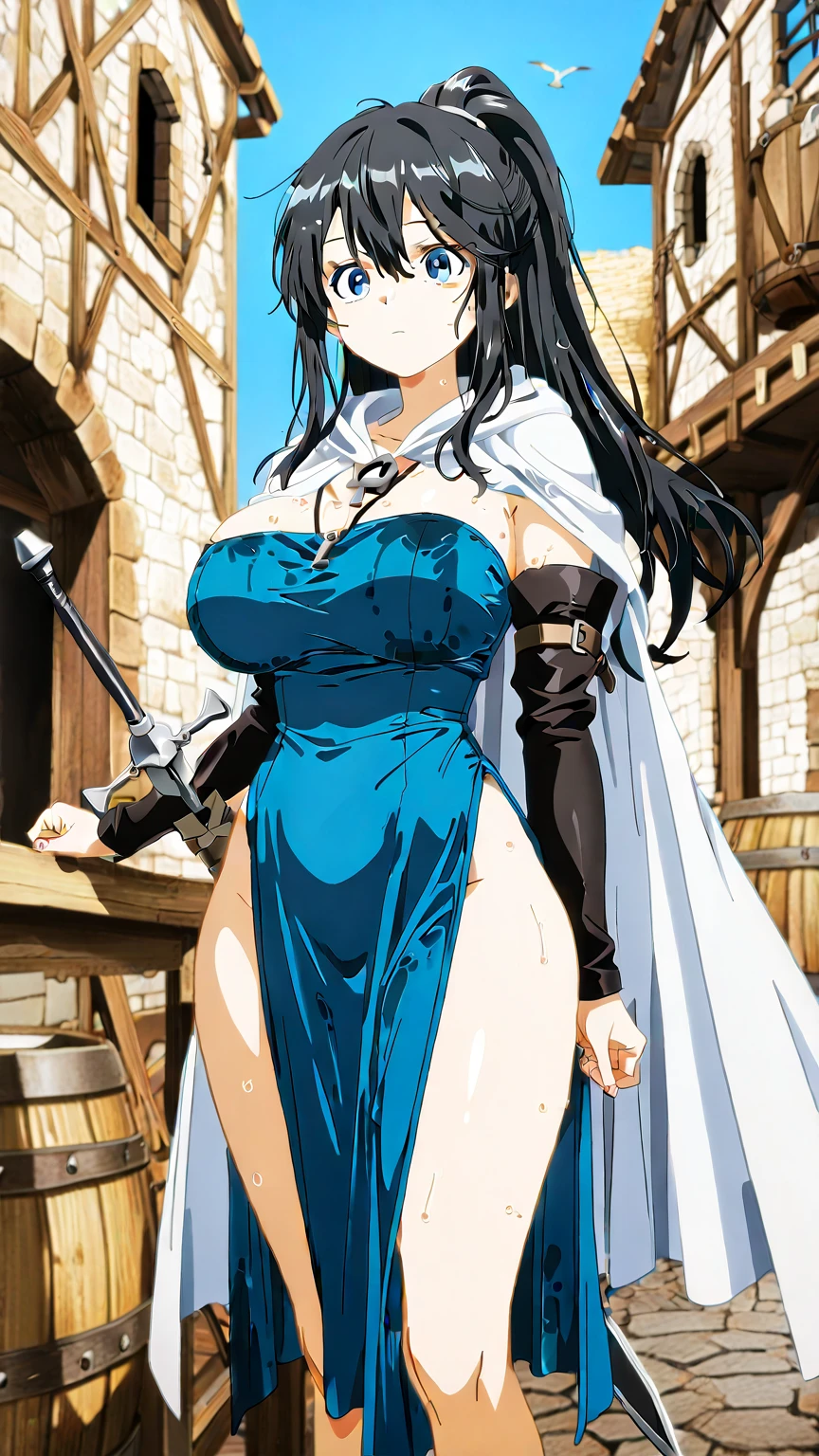 ((highest quality)), ((masterpiece)), (get used to it:1.4), 3D,HDR (high dynamic range),ray tracing,NVIDIA RTX,super resolution,unreal 5,scattered under the water,PBR texturing,Post-processing,anisotropic filtering,Depth of written boundary,Maximum clarity and sharpness,multilayer texture,Albedo and specular maps,surface shading,Accurate simulation of light-matter interactions,perfect proportions,octane rendering,two-tone lighting,wide aperture,Low ISO,White balance,Rule of thirds,8K RAW, Limited to one woman, (((from below))), ((???????????)), BREAK red eyes, black hair, short hair / long hair , tabard, belt ,Shoulder out, sleeveless, sideboob ,streaked hair, piercing, hair intakes, ear piercing, blue colored inner hair,( low rise long slit skirt:1.3), hoodie short cloak