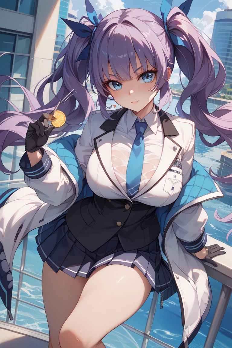 (quality, 8K, tmasterpiece, Picture quality, A high resolution, super detailing, hyper HD, (Exquisite and , real looking skin, perfect and beautiful face ,Perfect and cute face, highdetailskin, Perfect limbs)), , 1 sister , Black jacket , Black  shorts , The face is red , Clothes writing , hoop earings , jewely , Gorgeous long purple hair , pony tails, longer sleeves , looking at viewert , Mechanical Aura , middling , with her mouth open , a purple eye , White sneakers , Alone , Sun hat , Viewed from slightly below, Lower bust, Yuka (bluearchive)