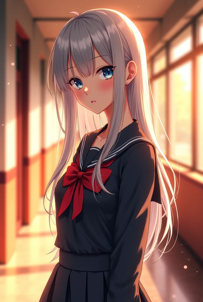 Top Quality , Ultra High Resolution, 1 woman, ( cute :1.4), Purple eyes, black eyes, white hair , can see the forehead, Long hair, Gentle Snow , 20 years old, with a shy expression , classroom, , cute 눈, of the soles of both feet is sitting with the , Full body, school_uniform