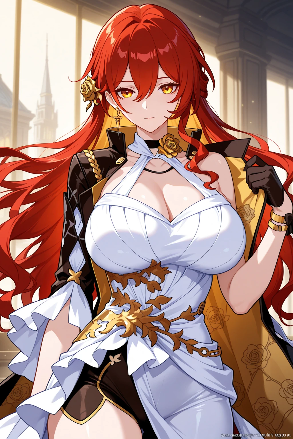 masterpiece,best quality,1girl,breasts,dress,red hair,long hair,solo,yellow eyes,white dress,outdoors,full body,large breasts,looking at viewer,cleavage,jewelry,cleavage cutout,clothing cutout, shoulders,bangs,black footwear,sleeveless,coat,china dress, legs,chinese clothes,bracelet,standing,sleeveless  shoulder,day,black coat,thighs,high heels,smile,legs,hair between eyes,closed mouth,building,blush,earrings,jacket,sky,shiny,side slit,black jacket,very long hair,