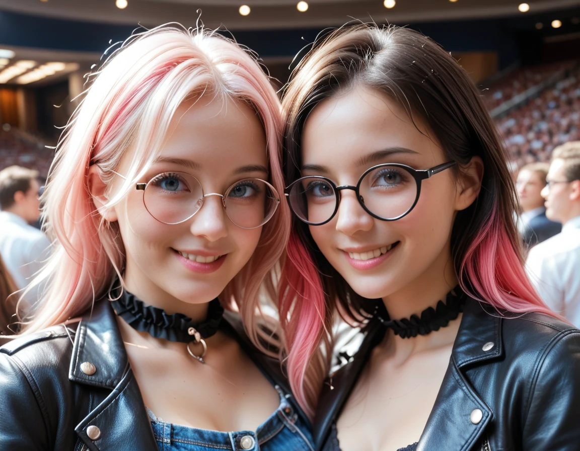 a  girl with a slim build and tanned skin. She has large, round, light pink eyes with slit-like irises, giving her a cat-like look to her. Her hair goes down to her mid-back and is a similar color to her eyes. She has several grey strands of hair in her bangs as well as two star hairpins and another heart-shaped one. She wear round glasses due to bad vision. She also has quite long decorated nails that are a coral pink color and is seen wearing Gyaru makeup. Over her high  she’s often seen sporting a pink oversized cardigan.