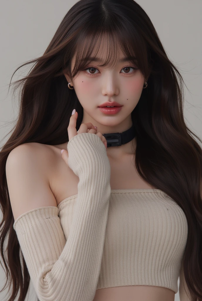 Kim Jennie with white brown hair, with curlers at the ends, with two bows on each side of the hair, all her hair white brown, with a star clip in her white brown hair, light colored eyes, pretty eyes, crying eyes, pretty, upturned nose, watery nose, Pretty lips, pink lips, heart and cupid shaped lip, pretty skin, pale, White skin, with moles and freckles all over his face, soft pink blush on the cheeks, natural pink blush, soft pink makeup, Jennie, nice neck, marked collar, frown, tender look, with a kiss necklace, a pretty kiss necklace, similar to Yumeko Jabami, while wearing a Crochet YK2, woolen, with a YK2 style brown , while wearing a jacket with bear prints, while having a  abdomen, Delgado, marked and pretty, (, soft , nice ), while she is cosplaying the character Yumeko Jabami, The anime Kakegurui, While he is with a nice friend,  looking to the camera