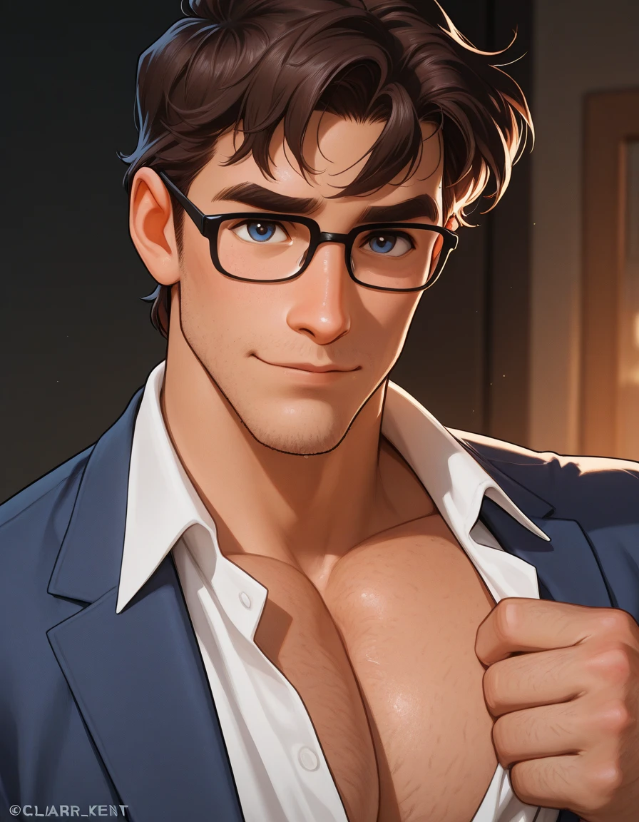 Male , Late age , , 23 years old , , slightly mullet hair, , dark brown hair , Midnight blue eyes , Tanned , is a bear puppet with muscles, arms and , wearing a white shirt , wearing rectangular glasses framed in black gold. , , slightly smiling face , Be a human , No bear ears
