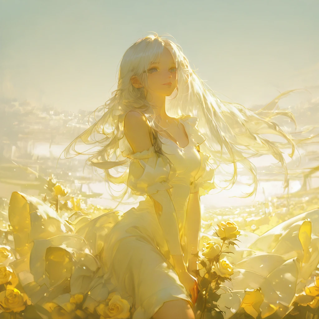 tmasterpiece， （Oil painting texture），one-girl，White hair，Sunflowers are worn on the head， floating in sky，White slip dress， full bodyesbian，Cloud Girl， Clouds， brightly， cheerfulness， intriguing， gentlesoftlighting，