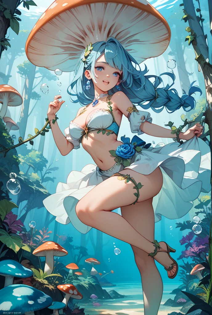 Water springing from a kappa,highest quality, Very high resolution, 4k fine cg, masterpiece,Round plate on head、The back is a turtle shell、water imp.river imp、Standing and looking at me、Light blue long hair、There is a beautiful girl with twin tails