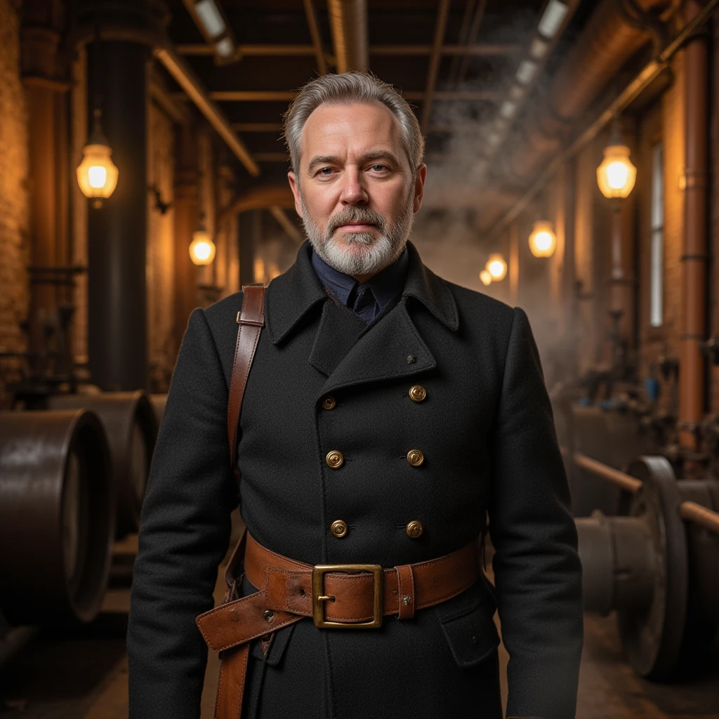 photo focus on male focus, indoors, realistic scenery, (captain nemo:1.1), not showing hands, hands under table retro-futuristic, using a thermionic radio, Bakelite radio, electricity, steampunk nautilus-style. very wide shot, character photo portrait, film, professional