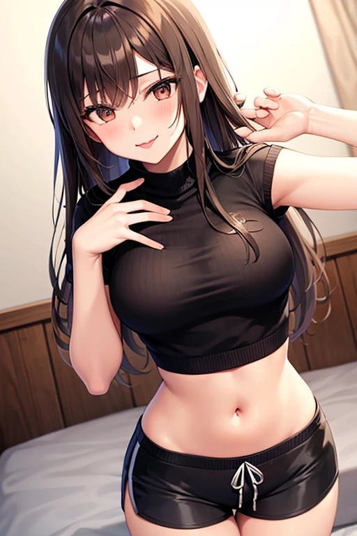 1girl, , , tight shirt, big chest, reaching at the top of a cupboard, shiny skin