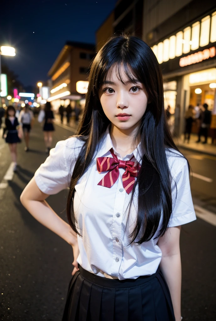 Ultra top quality, masterpiece, ultra high resolution, (photorealistic: 1.4), highly detailed CG Unity 8k wallpaper, detailed and complex, incredibly absurd, original, high resolution, raw photo, (perfect body shape), finely complex, dslr, soft lighting, high quality, film grain, depth of field, background blur, Leica camera, 50mm lens, backlight, HDR, hyperrealistic, color grade, dynamic pose, portrait, Japan, smile, lips, bangs, (crowded akihabara: 1.2), front view viewer, natural light, girl, 20 years old, full-body, solo, student, high school, uniform, cute schoolgirl, bobby socks, skirt, daytime, on the street, deep shadow, cute, beauty, discreet, cold light 12000k\Street, store stateAkihabara, Shinjuku, Shibuya, Ikebukuro, detailed realism, skin texture, ultra-detailed, realistic skin texture, (dramatic, award-winning photos, incredible masterpieces: 1.3)