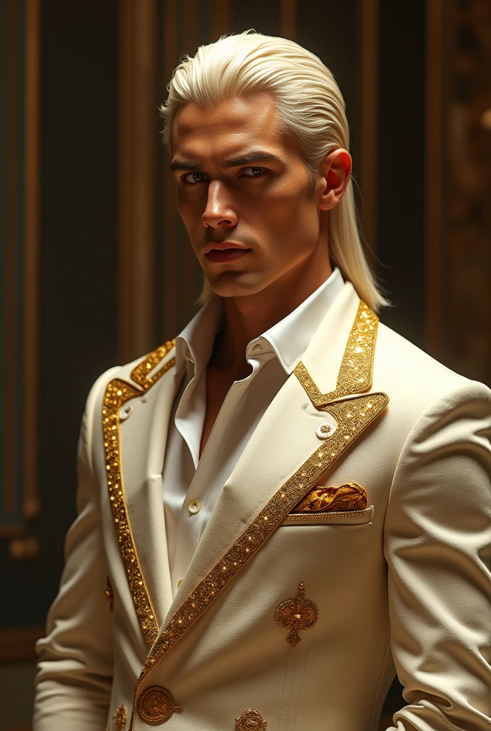 Candid Vogue fashion editorial shot of 2man, mixed of male supermodel, 24-37 year old, short platinum blonde hair in an undercut hairstyle, masculine appearance with slender physique, small pectorals, symmetric face, natural olive skin tone exudes youthfulness and athleticism, he is very photogenic man, Position him against an ornate dark background featuring a framed floral painting to add depth and richness to the scene, (He wears an open luxurious white and rainbow patterned suit whit short pants), revealing a hint of his semi hard bulge, His expression is serene and slightly introspective, with a soft, confident gaze directed slightly off-camera, Utilize natural soft lighting streaming in from a window, casting gentle highlights and shadows that accentuate the contours of his face and the texture of his robe, The light creates a warm intimate atmosphere with a golden tone that enhances his skin and the robe, The interplay of light and shadow adds depth and dimension to the scene, slightly blurred focus background, bringing him into sharp clear detail while the rich tones of the background enhance the overall opulence of the image. Capture full-body short, dynamic angle, using a Canon EOS R7 and Sigma AF 85mm F1.4 EX DG HSM lens by Thomas Synnamon, Employ a shallow depth of field to focus closely on his face and body while softly blurring the background, Draw inspiration from high-fashion photographer, emphasize detail, texture and a sophisticated luxurious atmosphere, Emphasize the golden warm lighting and its effect on enhancing his features and the robe's rich textures, creating a visually captivating and elegant portrait that exudes warmth and sophistication, The overall mood blend the classical elegance of the modern, high-fashion aesthetic, producing an image that feels both timeless and contemporary, raw photo, masterpiece, best quality, Correct body structure, Correct photo distance, LGBTQ,