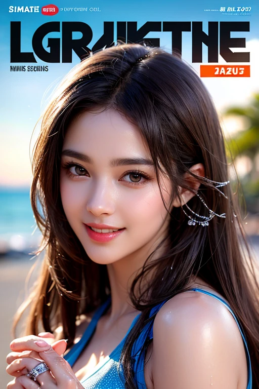 sports magazine cover, young european girl, 18yo, (low cut bikini), (flat :1.5), perfect body, smile, full body, thigh gap:1.4, black hair