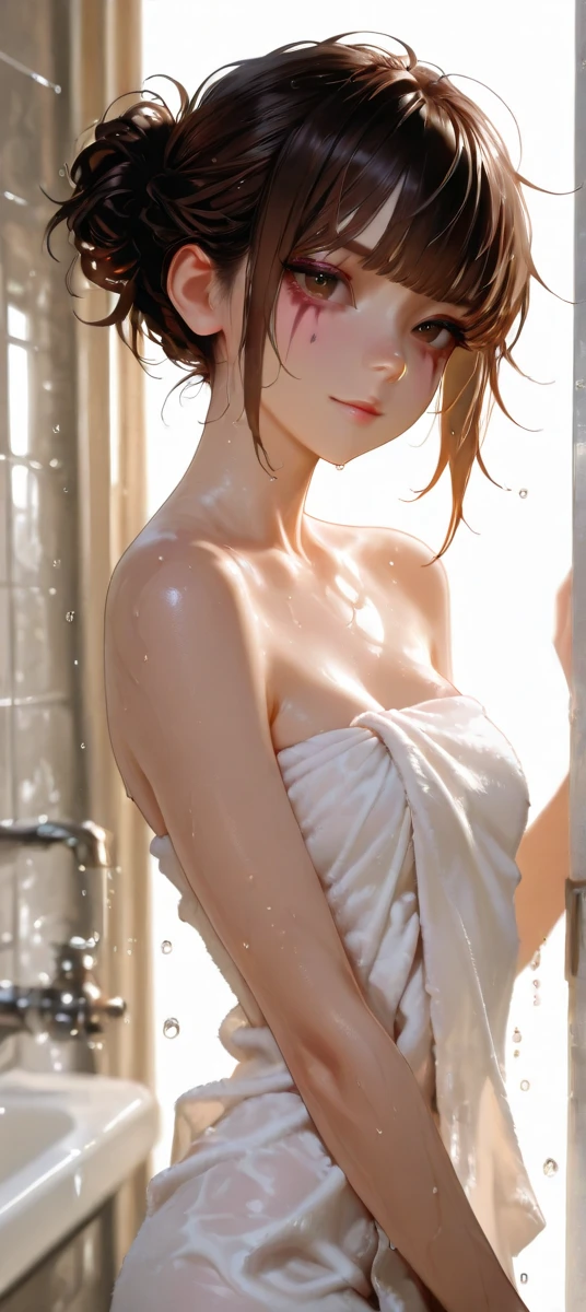 Completely 、Exposing the breasts、、Large 、(masterpiece、Highest quality)、Highest quality, Ultra-high resolution, (((masterpiece))), alone, Sweat、Big eyes, Composition from the front、Shortcuts、Embarrassed face、Blonde、Cut your hair short、Shower room、vapor、vapor、short hair、Browsing Caution