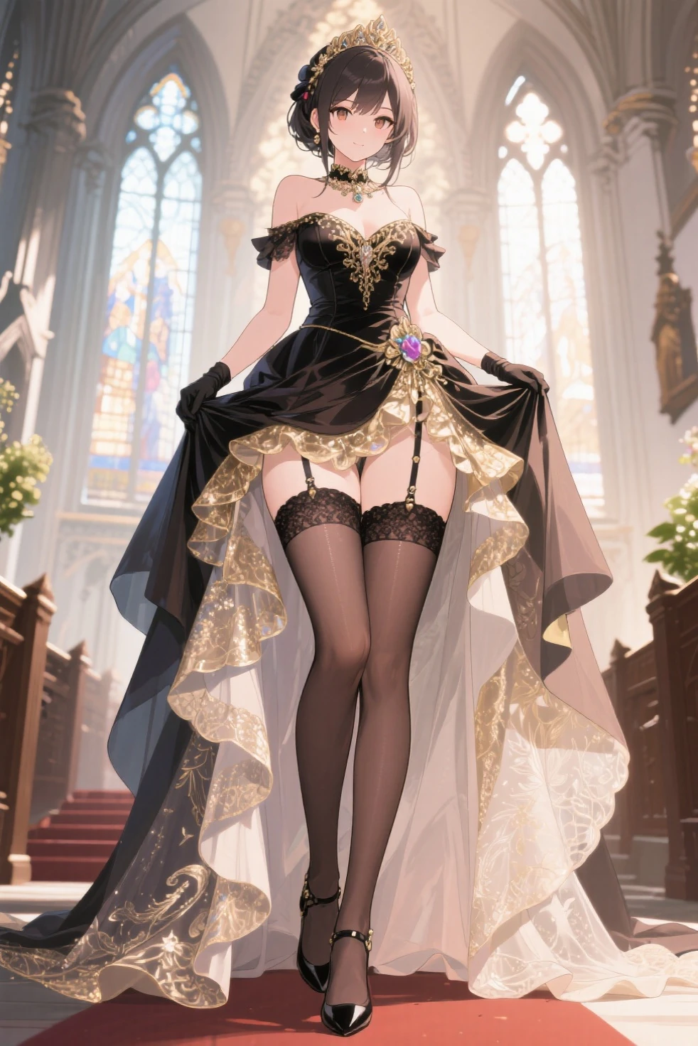 ((masterpiece, best quality)), Delicate face，priest，whole body，Standing picture，Long legs，natural breast，Perfect body proportions，Pretty golden eyes，Extremely beautiful，， Pure white background，,sexly_比基尼，Lace，Garter stockings