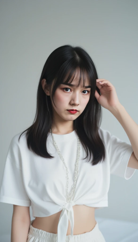 black hair, shy, Surrealism, Hyperrealism, upside-down, bokeh, Sony FE GM, 8k, super detail, retina, masterpiece, accurate, anatomically correct, textured skin, super detail, high quality, high details, award winning, best quality, highres, 16k, (((height 163cm))), (HQ skin: 1.4, Realistic human body structure), (full body:1.3), (wearing micro , short pants), (natural big ), ((( lips))), ((naughty face)).