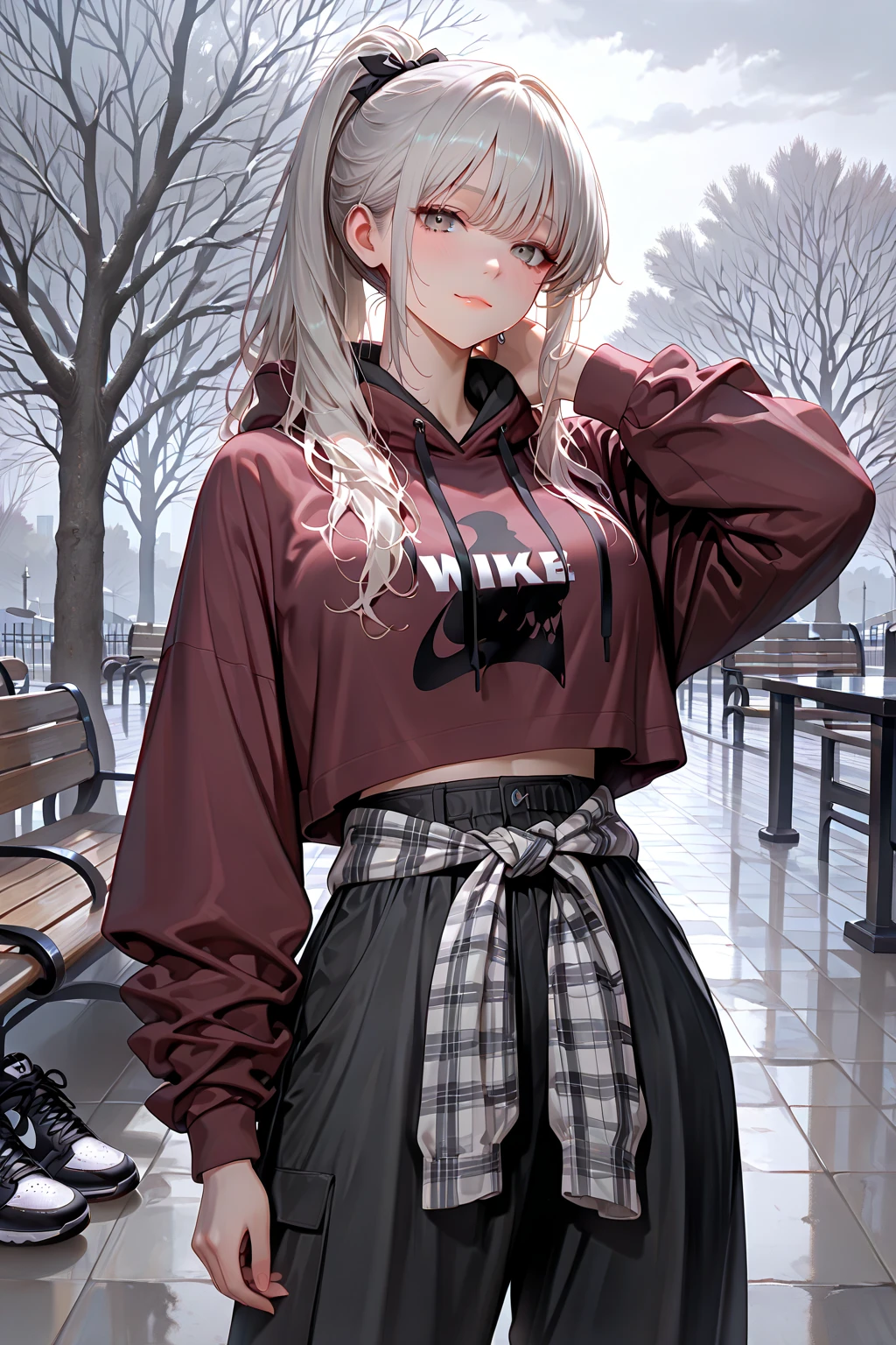 top-quality、Top image quality、​masterpiece、teens girl((White and blue open- hoodie、Black skirt、18year old、 Ager、Best 、big bast,Beautiful light blue eyes, Long silver hair、A slender,Large valleys、Reflecting the whole body、Leaning forward、put red sunglasses on your eyes、jumping pose、Excited face、Drunk,Red face、Staggered foot、listless、lean )),hiquality、Beautiful Art、Background with((Ruins))​masterpiece、depth of fields,