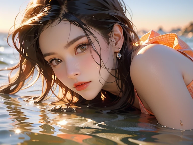 Black hair, long hair, upper body, standing in the water, split bangs, modern, surrealism, cinematic lighting, chiaroscuro, masterpiece, textured skin, high resolution, high quality, high detail, beautiful face, pronounced , translucent clothes, falling petals, smile