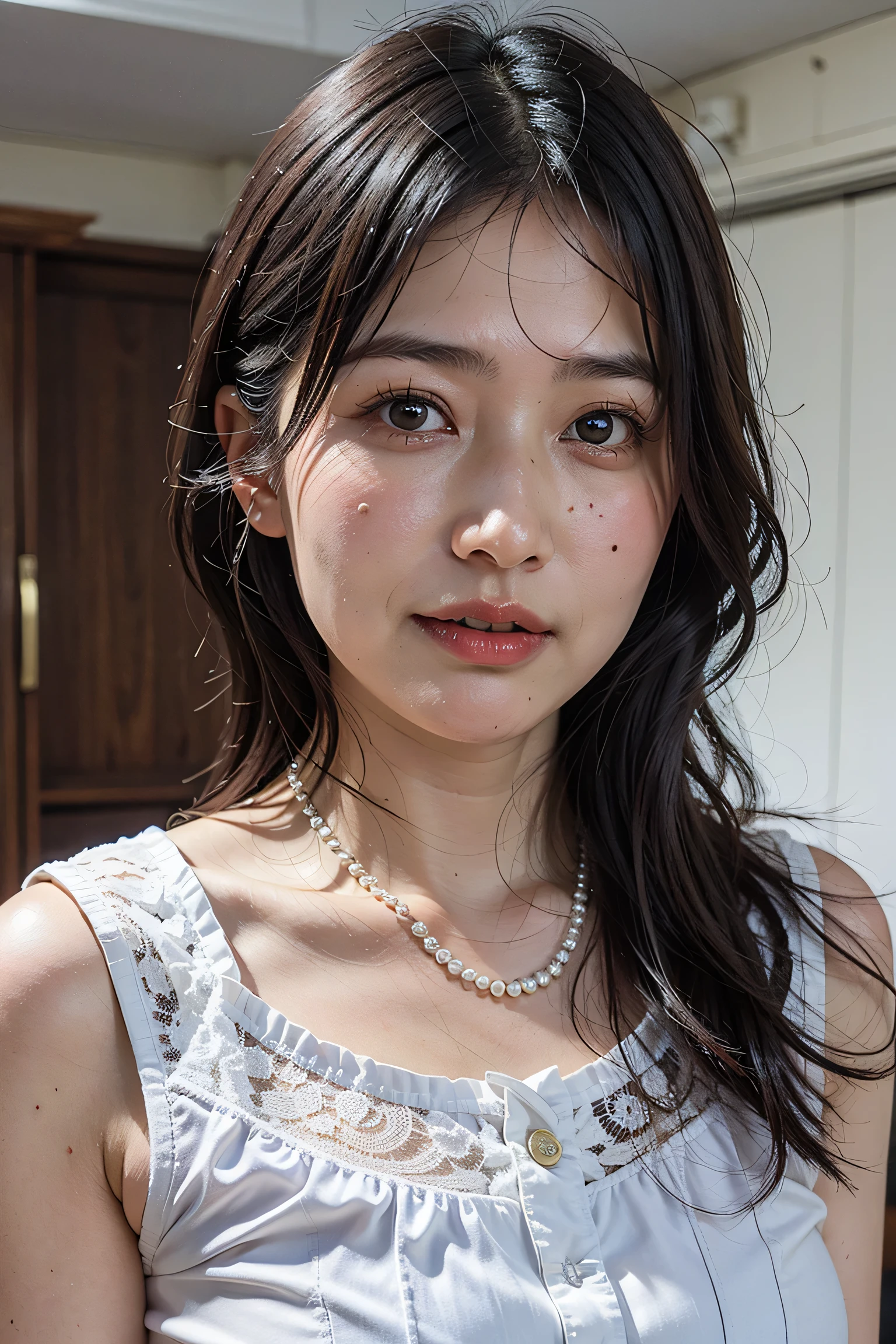 ((lying:1.5)), ((lying:1.5)), ((lying:1.5)), ((lying:1.5)), ((overhead shot:1.5)), ((overhead shot:1.5)), ((overhead shot:1.5)), ((Supine Position:1.5)), ((Photographed from directly above:1.5)), ((take a photo from directly above:1.5)), ((From above:1.5)), ((Photographed from directly above:1.5)), ((on bed:1.5)), ((on bed:1.5)), ((Hotel Bed:1.5)).
((beautiful straight black long hair:1.5)), ((beautiful straight black long hair:1.5)), (bangs:1.7), (small natural :1,7), ((flat :1.8)).
((crying:1.5)), ((crying:1.5)), ((shy:1.5)), ((shy:1.5)), ((shame:1.5)), ((blush:1.5)), 
((one woman,1 female)), ((wearing a  white blouse:1.5)), ((:1.5)).
((looking at viewer:1.5)), ((look into the viewer's eyes:1.5)), ((Looking into the camera:1.5)), ((Viewer's line of sight:1.5)), ((Elderly face:1.5)), strong maternal qualities, Staring at this, Face is close, Staring at this, Ultra-fine, Beautiful Hair,  Photo, Have a look at this, Perfect Fingers, Perfect Face, Detailed Background, Fair skin, Translucent white skin, Perfect Fingers, Detailed Background, Highest quality, very High resolution, Perfect , High resolution, RAW color photos, Professional photography, Very delicate, Very detailed, Finely detailed, Large file size, Best image quality, 16K, Award-winning works, Tabletop, Professional Photography,