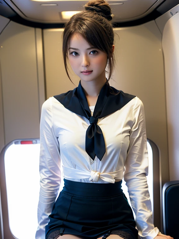1beautiful womanl, 28years、hyperdetailed face、Detailed lips、A detailed eye、double eyelid、(Black bob hair、Smiling while walking gracefully down the aisle)、(Stewardess uniform:1.2)、((Stewardess suits)) ((Skirts)) ((beautiful tie))  ((blaclk tights stockings))(Glamorous body)、(Colossal )、((short-cut hair))、（large full ）（big ）（Plump body）（plump body shape）（ large full ）（Colossal ）((J-Cup))、highs thighs thighs thighs, Perfect fit, Perfect image realism, Background with: (Business Class aisle on airplanes:1.2), Cowboy Shot, Meticulous background, detailed costume, Perfect litthing、Hyper-Realism、(Photorealsitic:1.4)、8K maximum resolution, (​masterpiece), ighly detailed, Professional
