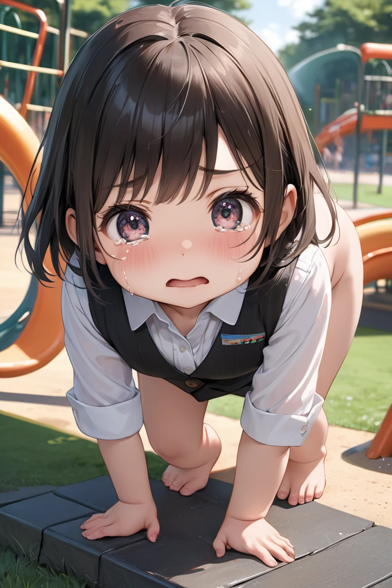 masterpiece, Highest quality, Nico_Yazawa,High resolution, 1 Girl, alone, Brown Hair, short hair, Twin tails、Purple eyes,  , , (Cleavage)、(Beautiful thighs), Carrying a red backpack, (randoseru backpack:1.2) Sweaty、Thick thighs、Highest quality、4K、1girl, 8years old, , cute, grin, 、、at the park、、Thick thighen holding their  and surrounding girls、 from the 、、、（）projectile 、、Lots of passersby、、low length、