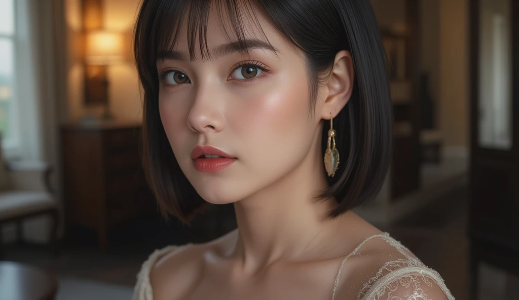 um close up de uma mulher com uma jaqueta preta e brincos, cruel korean goth girl, Ulzzang, beautiful south mulher coreana, Jinyoung Shin,  coreana, gorgeous young mulher coreana, profile picture with headshot, beautiful young mulher coreana, pose de perfil elegante, Heonhwa Choe, imagem de perfil, ela tem cabelo preto com franja, mulher coreana, foto de perfil de foto de retrato