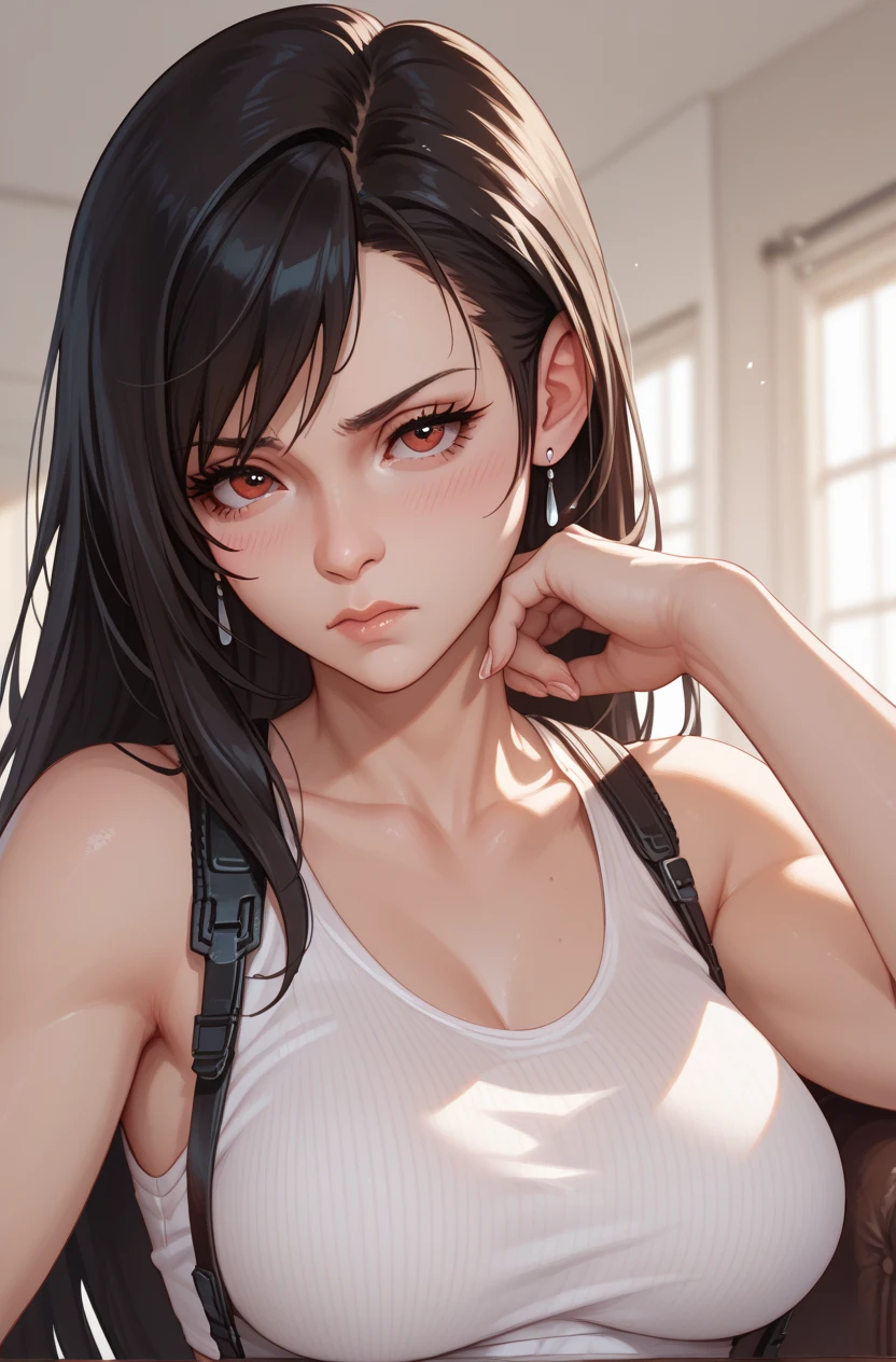 long hair long hair black hair yellow eyes pale skin muscular large breasts girl looking at viewer sad