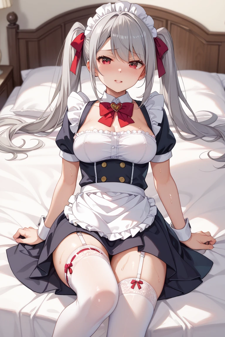 best quality　high resolution　one young pretty woman　red eyes　white hair  medium perm　cute soft girl　Cat ear dragon girl cosplay　 service　The medium breasts  with amazing charm　gasp　　Estrus face, (wearing dress:1.5)