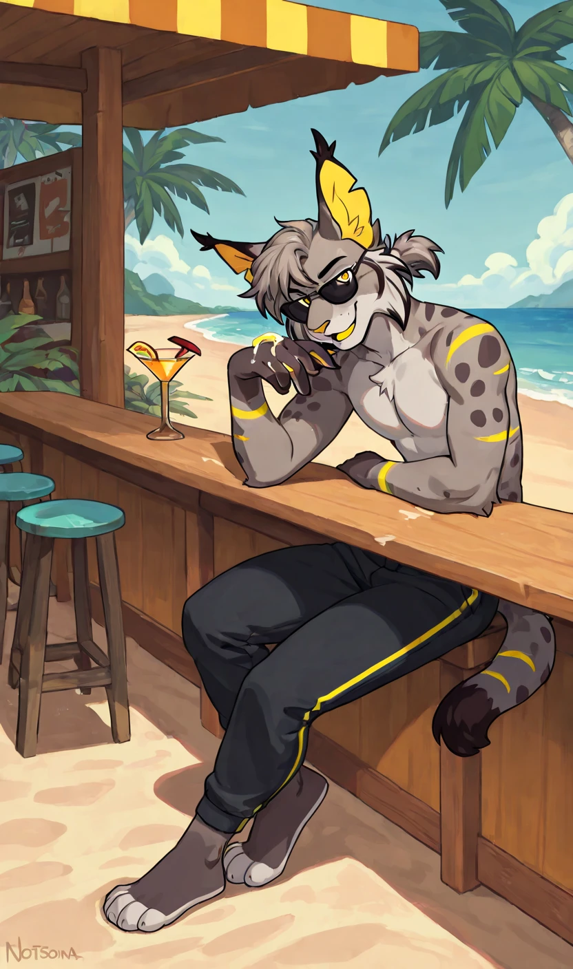 Male, sheepish, suggestive, anthropomorphic, rabbit, twink, gray fur, yellow eyes, lithe, fully clothed, club background