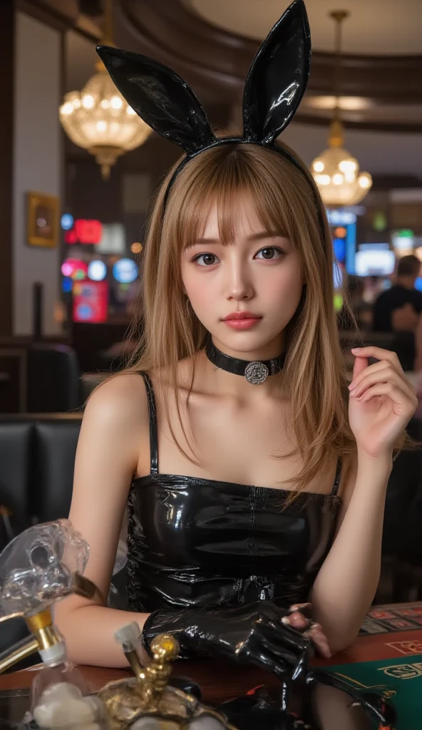 21yo girl, dressed as Harley Quinn from DC Comics. She has light blonde hair styled in pigtails, with the left side dyed pink and the right side dyed blue. She is wearing a white shirt with 'Daddy's Lil Monster' written on it, a red and white sleeve on her left arm, and a studded leather jacket. She holds a wooden baseball bat over her shoulders, and has a confident, playful expression. The background is a dimly lit indoor setting."