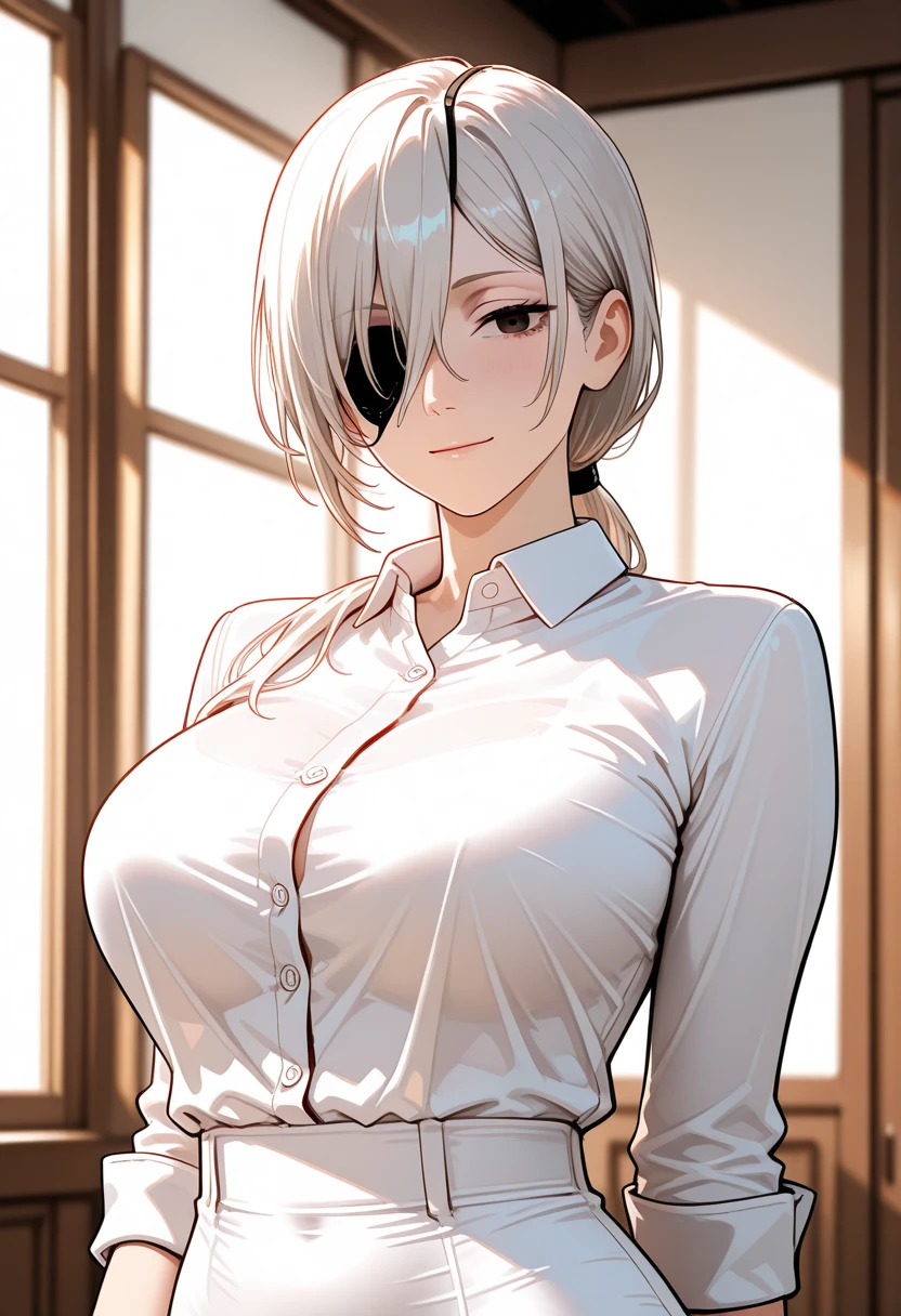 (Highest quality, High resolution, Very detailed), Silver Hair, Super short hair, Reddish brown eyes, suit skirt, lace  , Large Breasts, secretary, 24th generation, Beautiful woman, mature, quiet, Calm, A small smile, office,