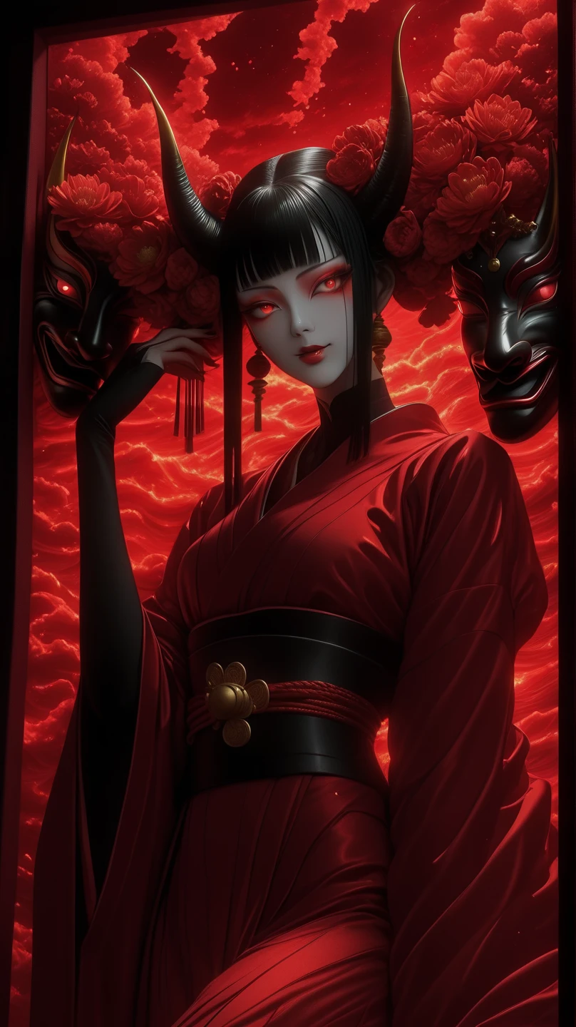 (masterpiece:1.2), best quality,PIXIV,
black hair, japanese clothes, floral print, 1girl, hair ornament, horns, sitting, looking at viewer, flower, kimono, blue eyes, hair flower, earrings, long hair, haori, jewelry, own hands together, tassel, wide sleeves, red eyes, closed mouth, long sleeves, print kimono, black kimono, hakama, bangs, smile