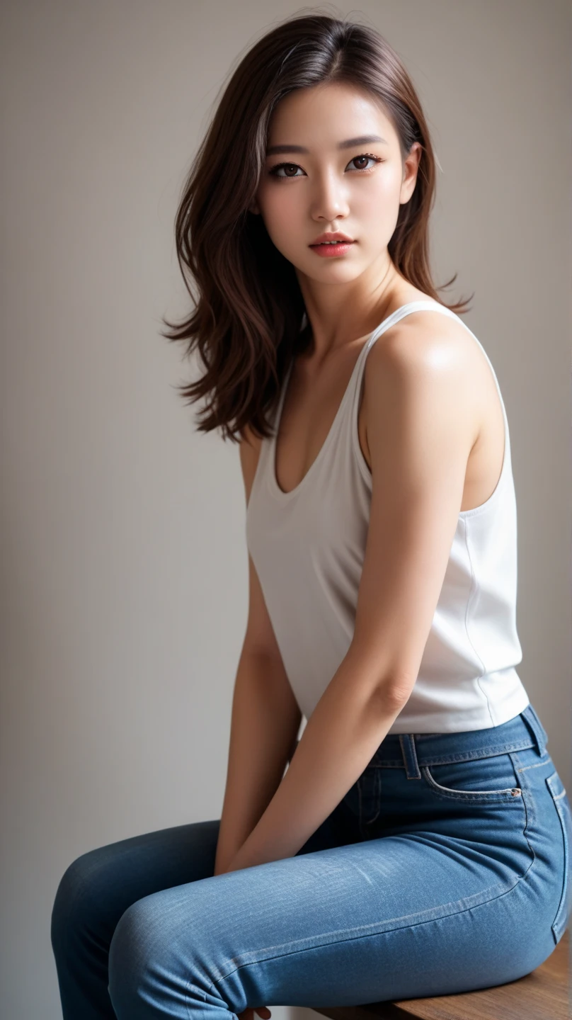 there is a woman standing in front of a curtain wearing white shorts and a white t-shirt, em roupas brancas, vestindo uma camiseta branca e shorts, Roupas brancas, tudo branco. Ela tem cerca de 30 anos, pesando cerca de 53 quilos, medindo 162 cm de altura. Pele branca, pernas tonificadas, corpo perfeito. Clear photo, alta qualidade, high resolution, obra de arte, 8k.