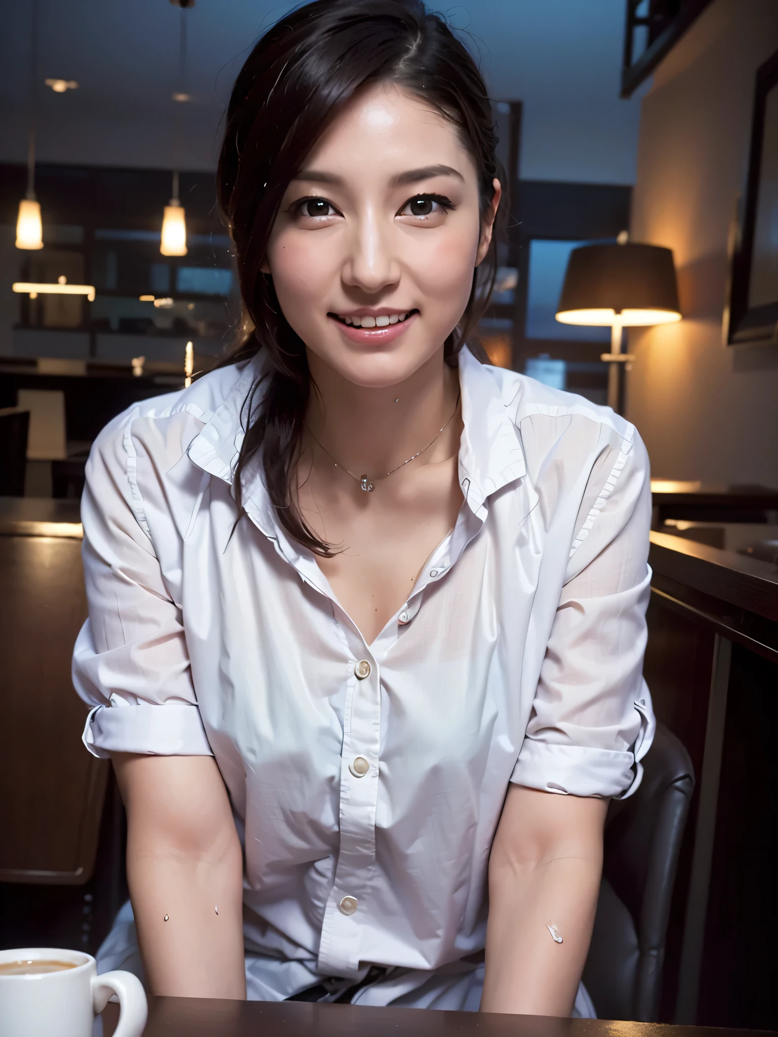 Ultra-realistic front-on portraits taken by a professional photographer。7 heads、((Highest quality)), ((masterpiece)), (detailed), (midnight ,A Tokyo food stall in the dark under a new moon and light rain, Low Key Lighting:1.6)、(looking at viewer, Staring Intently , leaning forward:1.2), (hands on groin:1.6) , A very beautiful, extremely elegant and intelligent 42 year old Japanese woman.。Very intelligent and goddess-like face。(An extremely elegant, calm and modest smile, Being drunk、My eyes are watering、Strongly aroused、embarrassed ,blush,Voluptuous body:1.5)、A short, well-groomed, shiny black haircut。The skin is white and very smooth。(A simple business short-sleeved open-neck shirt in a very thin white fabric with a wide, deep neckline.:1.3)。　(Tokyo in the extremely hot and rainy summer、I'm pretty sweaty、Her clothes were soaking wet, and through the extremely thin fabric her skin and navy blue, lacy, high-end  were clearly visible.:1.9)。(A long navy pencil skirt with a long slit in the front,The clothes fit the body very well:1.8), (The line of the chest, collarbone and décolletage are extremely beautiful.:1.9)。She is looking straight at the camera with a very shy look on her face.。Light makeup and no piercings,