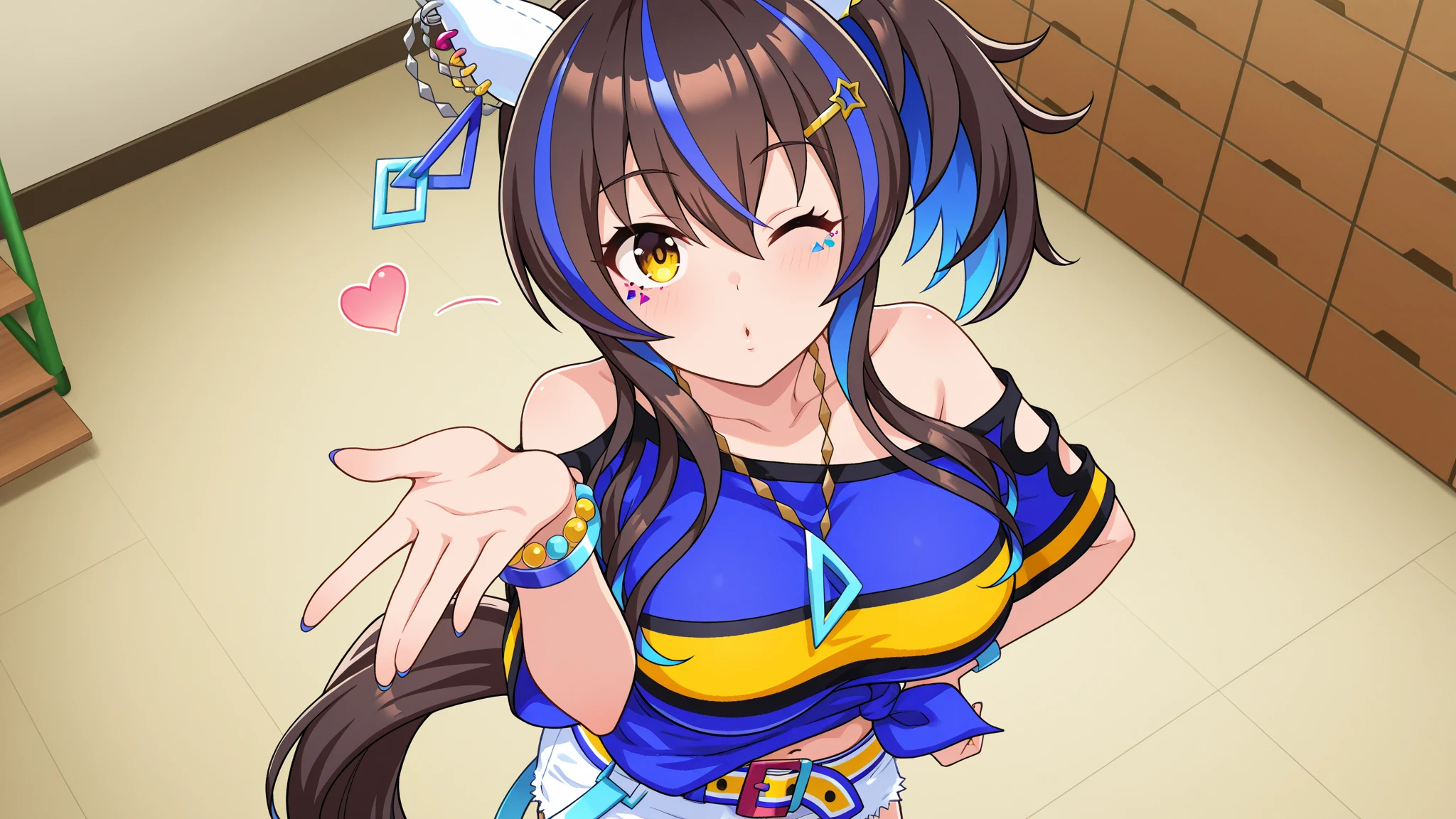 ASAMIKEI, red HAIR, PONYTAIL, LONG HAIR, SIDELOCKS, PURPLE EYES,, large breasts, live stage,  solo  