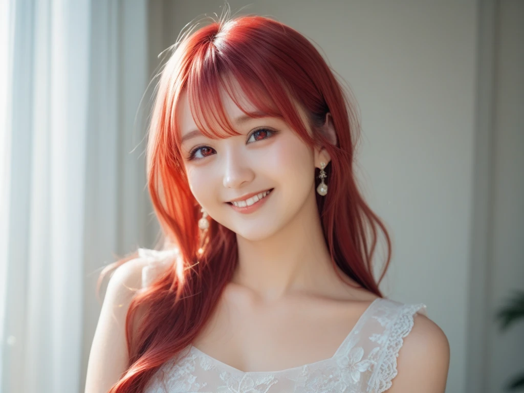  Korean with long red hair, selfie and hair up