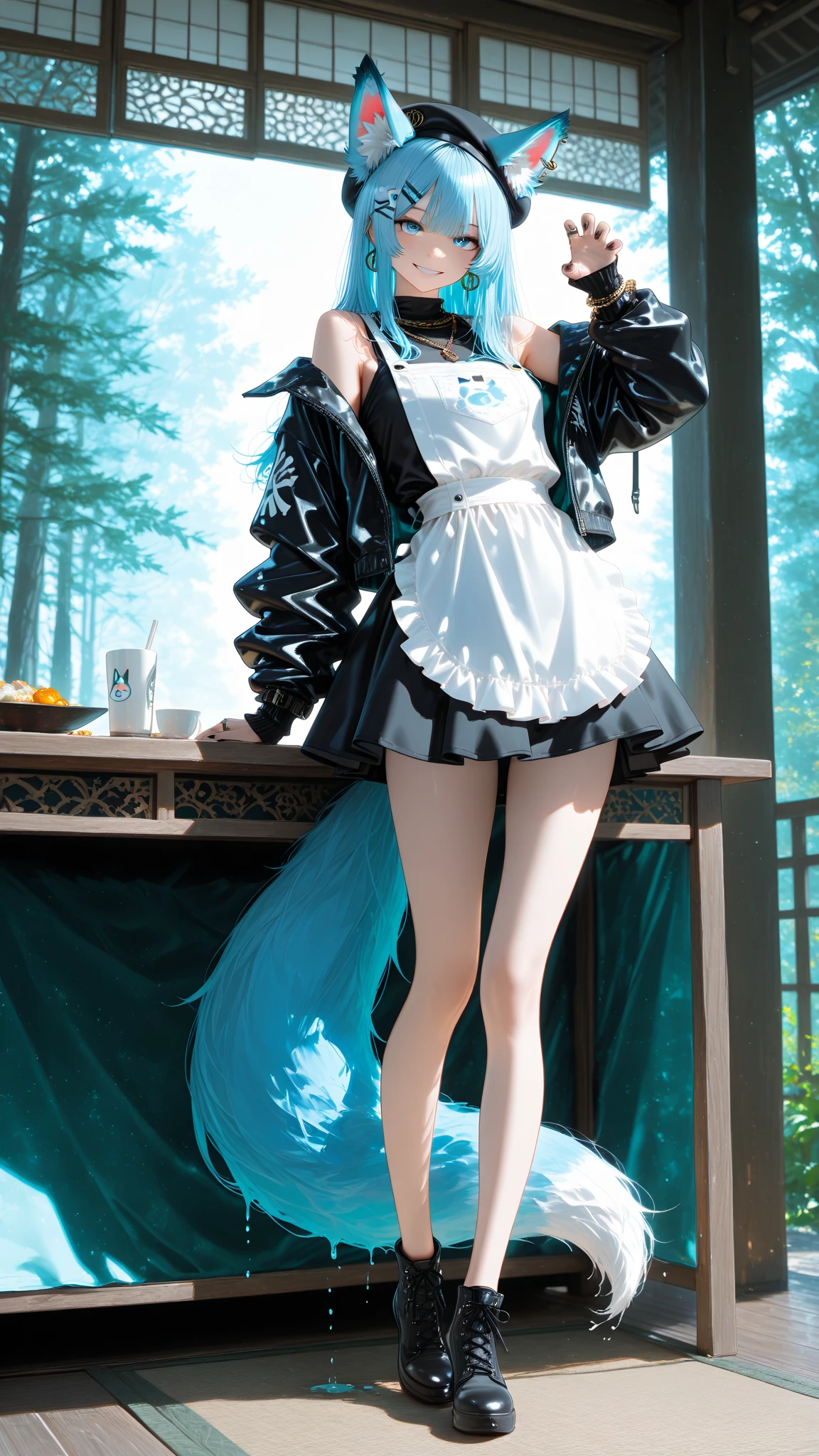 Blue hair girl,white dress,white stocking, cute 