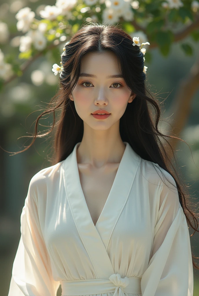 (best quality,4K,8K,mackerel,masterpiece:1.2),very detailed,(realistic,photorealistic,photo-realistic:1.37),girl in the garden,illustration,soft lighting,vivid colors,greenery,detailed flowers,peaceful atmosphere,sit casually,comfortable,comfortable,happy,middle:oil painting,beautiful detailed eyes,beautiful and delicate lips,long eyelashes,soft smile,flowing hair,Feminine features,Soft sunlight seeping through the leaves,blurred background,Lush trees and shrubs,flying butterflies,light wind,amazing nature,optimistic,serene