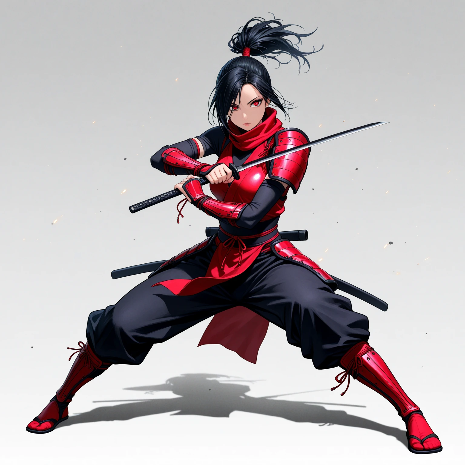 ((highest quality)), ((masterpiece)), (Become familiar with),  1 girl, alone, Black Hair,ponytail,White kimono,Black sleeveless,Red hair clip,Red belt, ,slender,Long Hair,Small breasts, gloves,boots,  