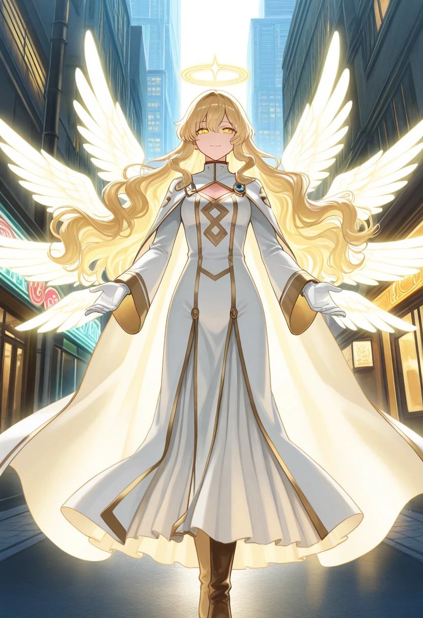 cathedral background,full body,whole body,slender,thin legs,Greenish-yellow hair，Yellow-green pupils，White clothes with green and yellow are embellished with gold and silver ornaments，She is a natural cute girl,((evil smile)),white thighhigh boots,full body,long hair,white angel wings,whole body,