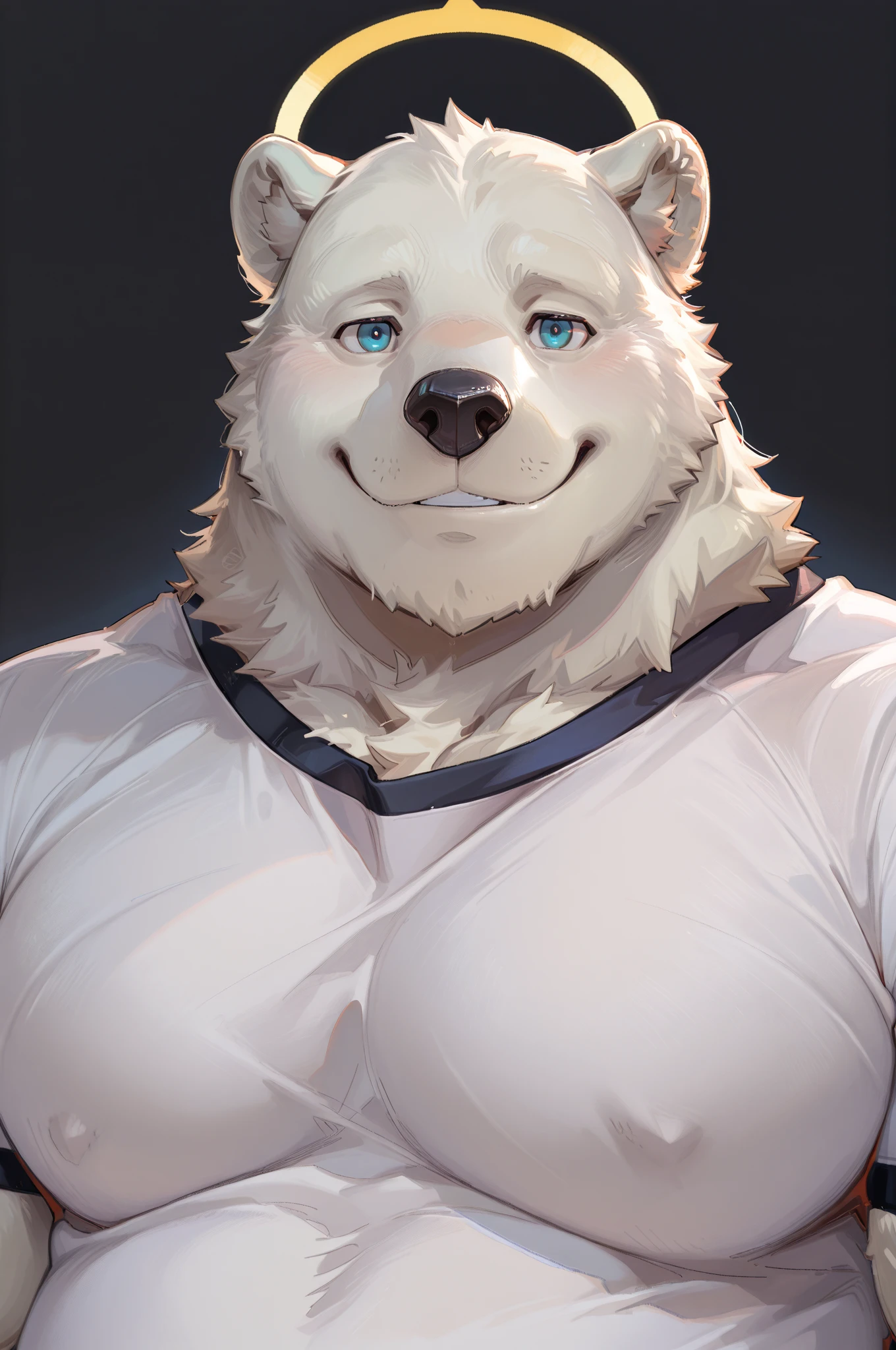 snow wolf, ((all white fur:1.5)), solo, Perfect sky blue eyes, Collar, (Wear fundoshi), (artist:Takemoto Arashi), Look at the audience, Mature face, elder, Simple background, naughty face, glint, longeyelashes, (fang out:1.5), (Clear facial details), smile, full-body character portrait, Pink meat pads, , , from side, Tonalism, tachi-e, best quality, UHD, super detail, high details